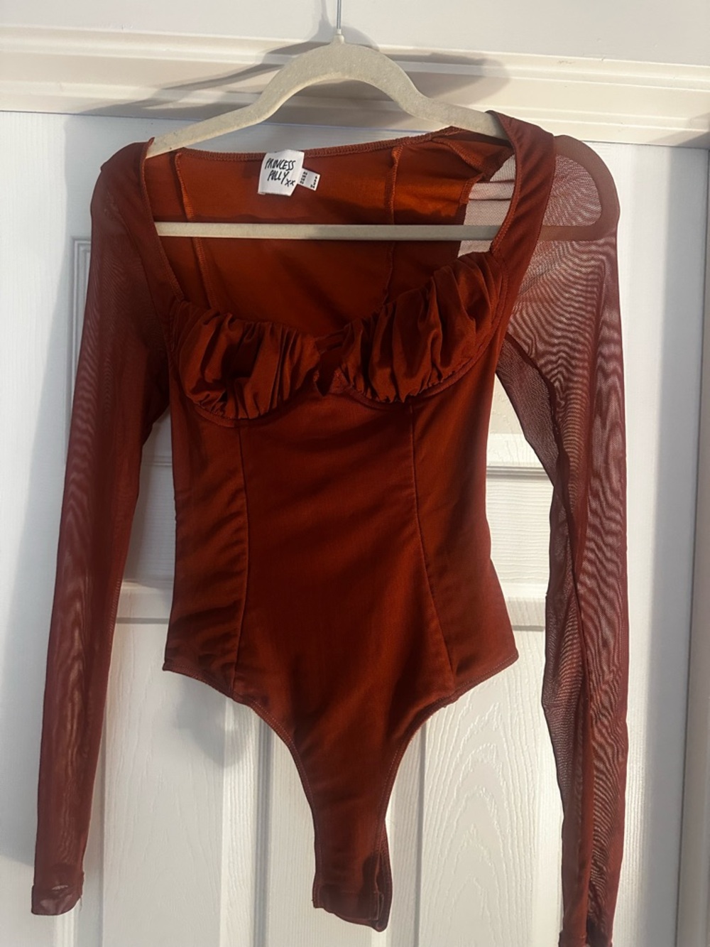 Princess Polly copper colored sheer sleeve bodysuit